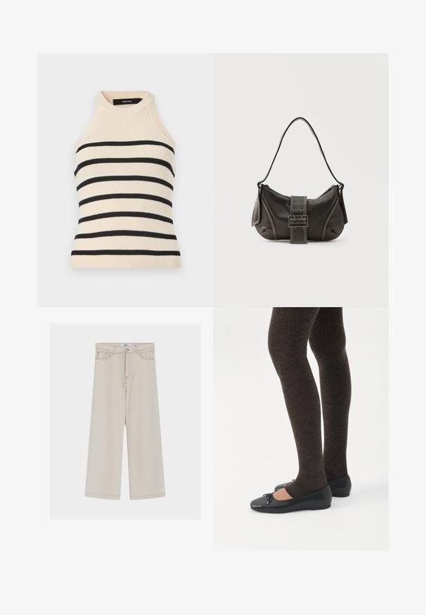 Ærmeløs top med ribstrik i creme med sorte horisontale striber. Design med høj hals. Blød tekstur, kropsnær silhuet og minimalistisk æstetik.; Beige bukser med vide ben og høj talje, med snørejustering, forlommer og kontrasterende syninger.; Ben iført mørke ribbede leggings kombineret med sorte balletsko med små sløjfedetaljer på hvid baggrund.; Sort læder skuldertaske med spænde på remmen, afrundede kanter og kontrasterende hvide syninger på en ensfarvet baggrund.