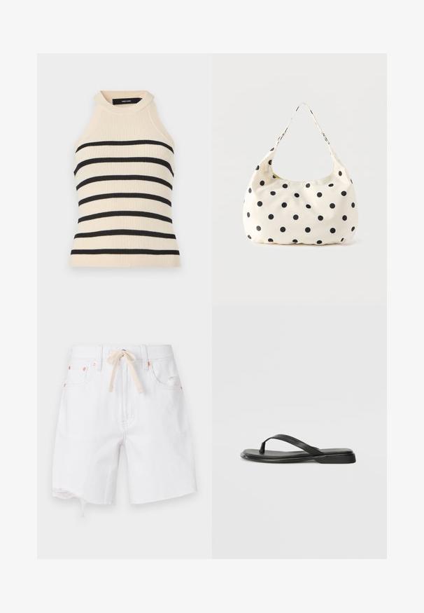 Ærmeløs top med ribstrik i creme med sorte horisontale striber. Design med høj hals. Blød tekstur, kropsnær silhuet og minimalistisk æstetik.; Hvide denimshorts med en rå kant, materiale i bomuldsblanding og en beige snor. Har kobberfarvet hardware og sidelommer.; Sorte flip-flops lavet af glat læder, med et tyndt remdesign og en flad sål med et minimalt profil. Ingen bemærkelsesværdige mønstre eller accenter.; Håndtaske i cremefarvet stof med sorte polkaprikker og en enkelt skulderrem, vist mod en ensfarvet hvid baggrund.