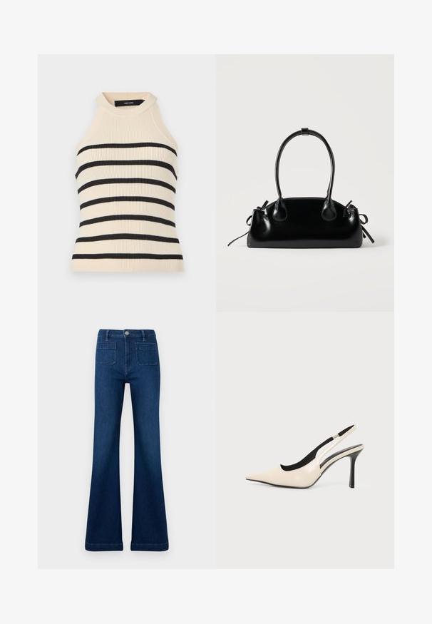 Haut sans manches à côtes de couleur crème avec des rayures horizontales noires. Col montant. Texture douce, silhouette ajustée et esthétique minimaliste.; Jean évasé bleu foncé en denim, doté d'une taille haute, de deux poches arrière et de coutures contrastantes le long des coutures.; Chaussure beige à bout pointu avec bride arrière, doublure intérieure noire et talon aiguille fin noir sur fond blanc.; Petit sac à main noir brillant avec deux longues anses et des détails à cordon sur les côtés sur un fond clair uni.