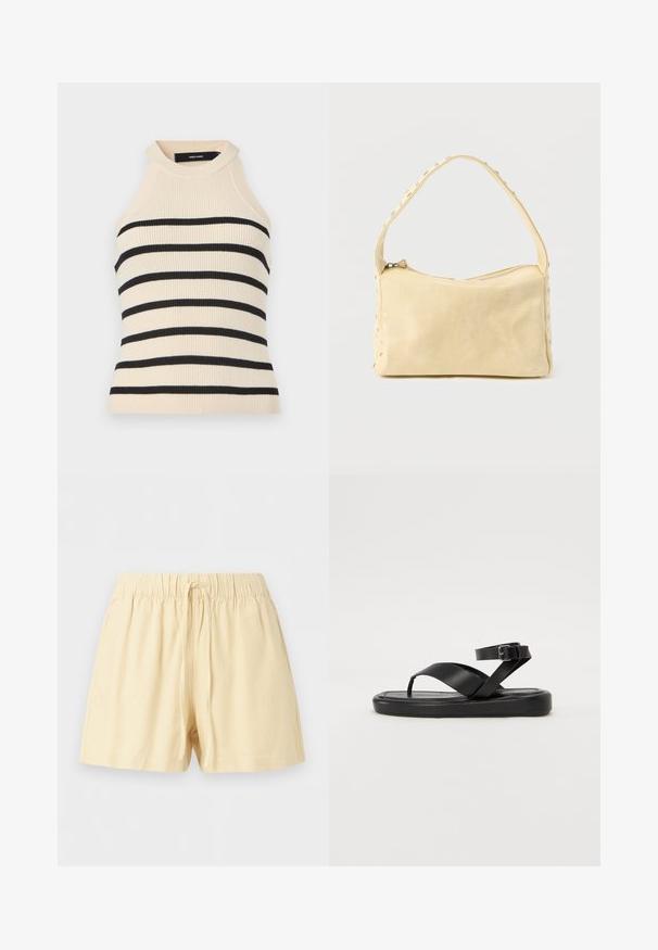 Ærmeløs top med ribstrik i creme med sorte horisontale striber. Design med høj hals. Blød tekstur, kropsnær silhuet og minimalistisk æstetik.; Beige bomuldsshorts med elastisk talje og snøre foran, designet til afslappet brug.; Sorte læder sandaler med flad sål, der har en tåpost og krydsgent design, justerbar ankelrem med en metalspænde.; Lille beige læderhåndtaske med en enkelt rem og sølvnitter langs kanterne og remmen, sat mod en ensfarvet baggrund.