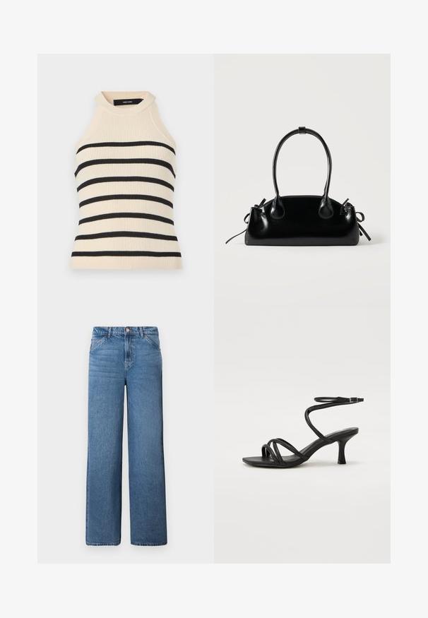 Ærmeløs top med ribstrik i creme med sorte horisontale striber. Design med høj hals. Blød tekstur, kropsnær silhuet og minimalistisk æstetik.; Lysblå denim bukser med vid ben og høj talje, der har en skjult lynlås og knaplukning samt markant syning på forlommerne.; Even&Odd Wide Fit Sandaler - black; Lille sort blank håndtaske med to lange håndtag og snøre-detaljer i siden på en ensfarvet lys baggrund.