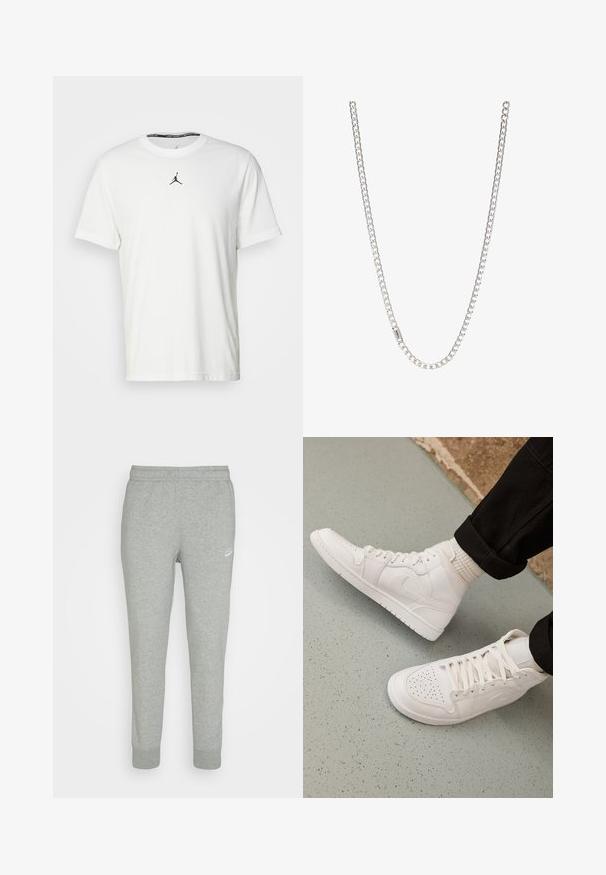 Witte T-shirt met korte mouwen van katoen, met een zwart Jumpman-logo op de borst en een ronde halslijn met een zwarte binnenlabel.; Grijze trainingsbroek van zacht materiaal, met een taps toelopend ontwerp, elastische tailleband en klein wit Nike-logo op de linker bovenbeen.; Witte hoge sneakers van glad leer met een geperforeerde teen, vetersluiting en subtiele logo-details aan de zijkant. Geprofileerde rubberen zool.; Zilveren ketting met in elkaar grijpende schakels, een gladde textuur en een uniforme rechthoekige vorm. Veilige sluiting.