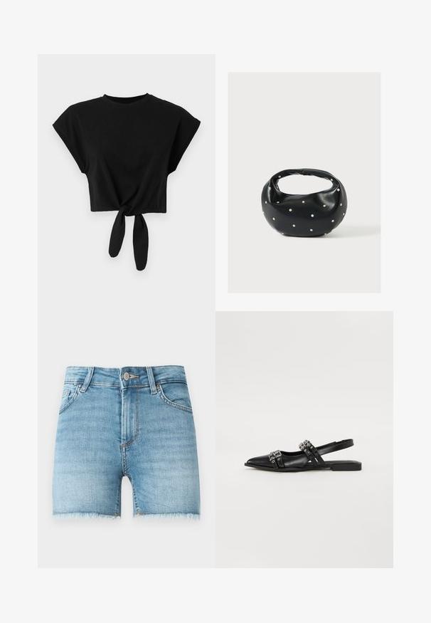 Musta lyhythihainen crop-top, joka on valmistettu pehmeästä puuvillasta. Siinä on lyhyet hihat ja solmitys helmassa. Yksinkertainen ja sileä rakenne.; Vaaleansiniset farkkushortsit, joissa on raakareunus, viisi taskua ja etupainike. Sisältää lievää haalistumista ja klassisen leikkauksen.; Even&Odd Takaa avoimet ballerinat - black; Musta nahkainen käsilaukku, jossa on pyöreä muoto, koristeltu hopeisilla niittikoristeilla ja lyhyt kahva. Sileä pinta ja vetoketjullinen suljenta.