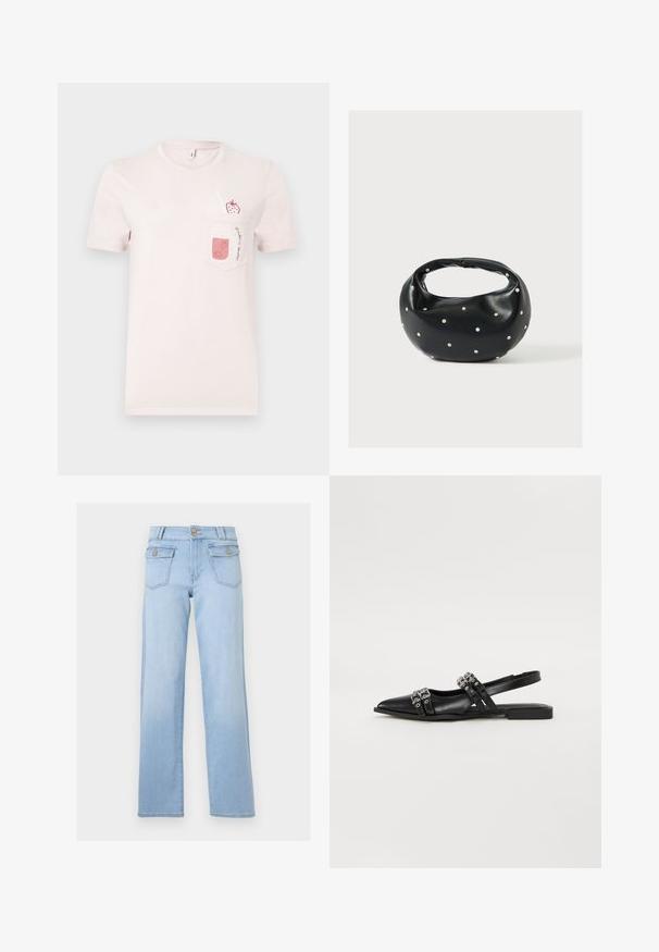 Ροζ ανοιχτό ροζ κοντομάνικο T-shirt με τσέπη μπροστά που έχει σχέδιο με βάζο φραουλένιου smoothie και φράουλα με καλαμάκι.; Φωτεινό γαλάζιο τζιν ψηλόμεσο με ίσια μπατζάκια, μπροστινό κούμπωμα με κουμπιά και τσέπες με καπάκι και κουμπιά σε λευκό φόντο.; Even&Odd by Zalando Μπαλαρίνες με λουράκι στον αστράγαλο - black; Μαύρη δερμάτινη τσάντα χειρός με στρογγυλεμένο σχήμα, διακοσμημένη με ασημένιες λεπτομέρειες με καρφιά και κοντή λαβή. Λείο υλικό και κλείσιμο με φερμουάρ.