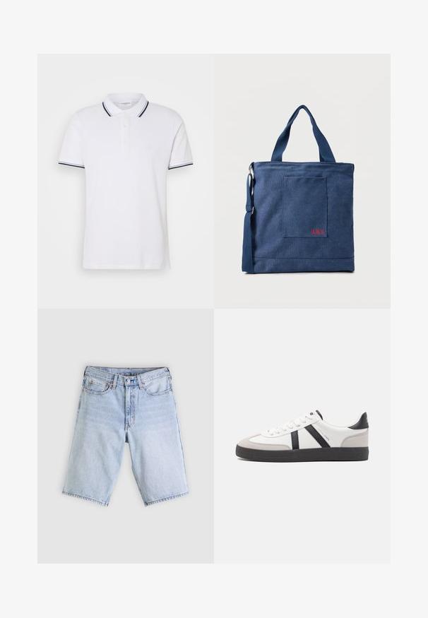 Weißes Poloshirt aus Baumwolle mit kragen, einer Knopfleiste mit drei Knöpfen und navyblauen sowie weißen gestreiften Akzenten an den Ärmeln.; Hellblaue Jeansshorts mit vorderem Knopf und Reißverschluss, Gürtelschlaufen und einem Fünf-Taschen-Design, flach auf einem weißen Hintergrund liegend.; Weiße Sneaker mit schwarz- und grau-aczenten, ausgestattet mit einer strukturierten grauen Zehenkappe, schwarzer Gummi-Sohle und flachen weißen Schnürsenkeln. Sauberes Design, minimalistische Stil.; Blauer Canvas-Einkaufstasche mit Vordertasche und roter "O.N.S" Stickerei, ausgestattet mit zwei Griffen und einem verstellbaren Schulterriemen.