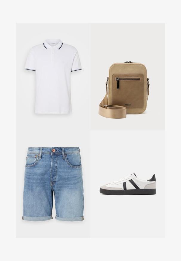 Camiseta polo blanca de algodón con cuello, tapeta de tres botones y acentos a rayas en azul marino y blanco en las mangas.; Shorts de mezclilla azul claro con un corte clásico, dobladillo enrollado, bolsillos frontales y detalles de botones de cobre. Textura suave y diseño casual.; Zapatilla blanca con acentos en negro y gris, que presenta una puntera texturizada en gris, suela de goma negra y cordones planos blancos. Diseño limpio, estilo minimalista.; Bolso pequeño beige tipo bandolera con bolsillo frontal con cremallera, logo metálico de ALDO, correa ancha ajustable y forma rectangular redondeada sobre fondo blanco.