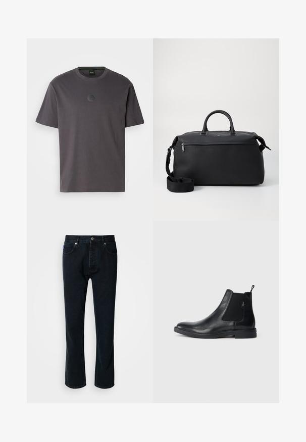 Grå bomulds t-shirt med kortærmer og rund hals. Har et struktureret, hexagonalt logo på brystet. En simpel, afslappet design.; HUGO JONAH - Jeans Straight Leg - dark blue; Sorte læder Chelsea støvler med elastiske sidepaneler, en pull-tab og en flad gummisål. Glat tekstur med minimal detaljer.; Sort læder duffel taske med to top hanke, en aftagelig skulderrem og en lynlåslomme foran til ekstra opbevaring.