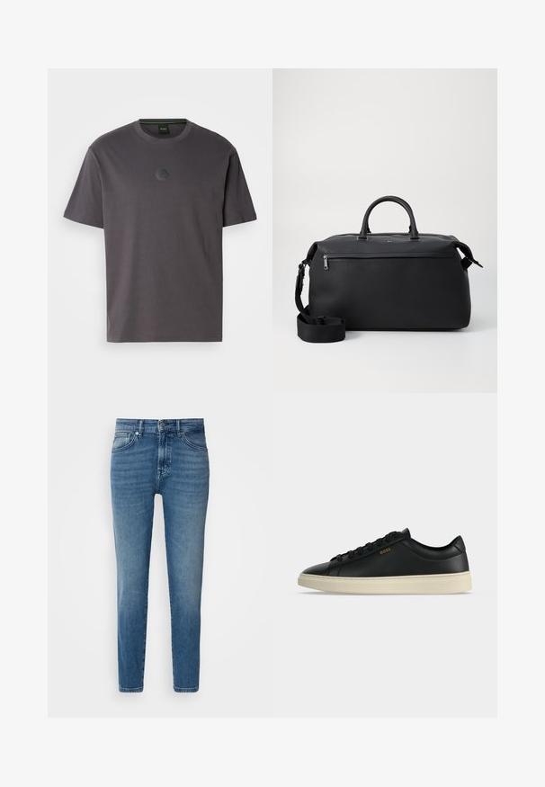 Grijze katoenen t-shirt met korte mouwen en een ronde hals. Voorzien van een getextureerd hexagonaal logo op de borst. Eenvoudig, casual ontwerp.; Lichtblauwe denim jeans met een rechte pasvorm, traditionele vijf-pocket stijl, metalen knoopsluiting en subtiele vervaging aan de voorkant.; Zwarte lage leren sneaker met witte zool, zwarte veters en klein gouden BOSS-logo aan de zijkant.; Zwarte leren reistas met twee bovenhandvaten, een afneembare schouderband en een ritsvak aan de voorkant voor extra opbergruimte.