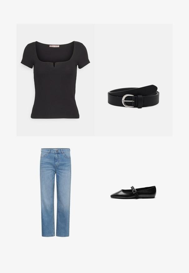 Zwarte top met korte mouwen van ribstof, met een vierkante halslijn en een klein inkepingdetail. Eenvoudig, nauwsluitend ontwerp.; Lichtblauwe jeans met rechte pijpen, knoop- en ritssluiting aan de voorkant, riemlussen en voorzakken.; Zwarte platte schoen van leer met een spitse neus, verstelbare band met een metalen gesp, een gladde textuur en een minimalistisch ontwerp.; Zwarte leren riem met een zilveren ronde gesp, vlak ontwerp, taps toelopend uiteinde, gladde textuur en minimalistische stijl.