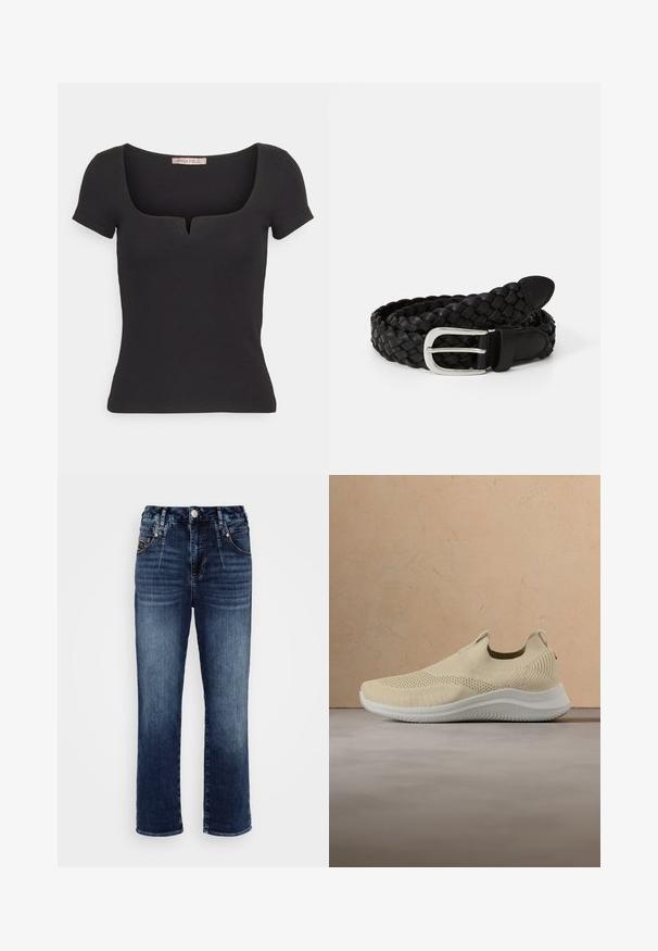 Sort kortærmet top lavet af ribbet materiale, med en firkantet halsudskæring og en lille udskæring. Enkel, tætsiddende design.; Herrlicher BROOKE - Jeans Relaxed Fit - restless night; Beige strikket slip-on sneaker med hvid sål, der svæver over et tekstureret beige tæppe, med en beige sofa i baggrunden.; Sort vævet læderbælte med en sølvmetalspænde, der har en glat overflade og en tilspidset spids. Klassisk design, der passer til forskellige outfits.
