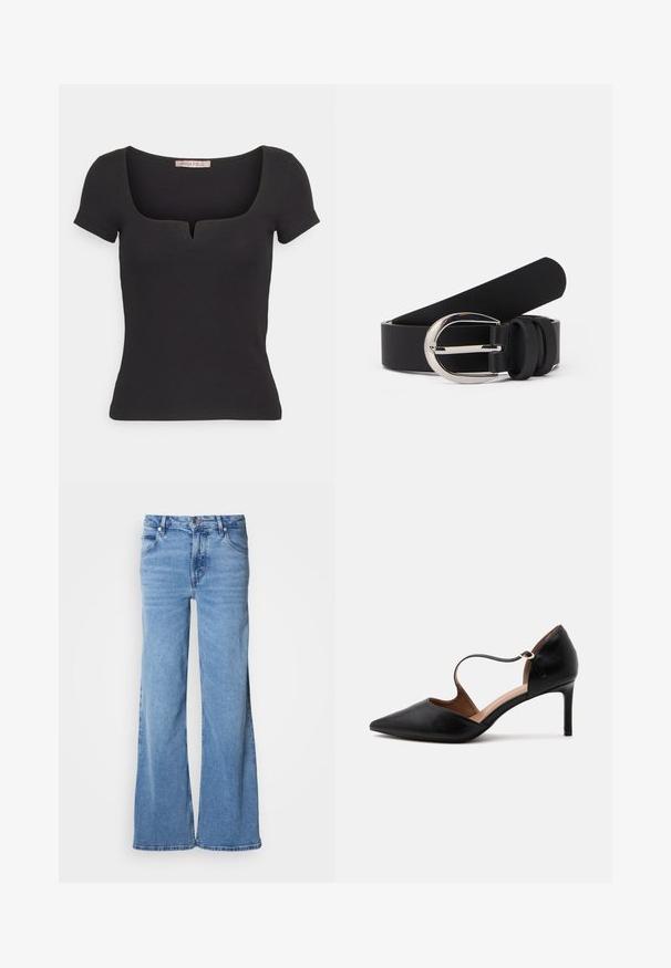 Schwarzes kurzärmliges Oberteil aus geripptem Material, mit einem quadratischen Ausschnitt und einem kleinen Schlitzdetail. Schlichtes, körpernahes Design.; Hellblaue Jeans mit weitem Bein aus Denim. Mit klassischem Fünf-Taschen-Design und sichtbarem Knopfverschluss. Weiche Textur und schlichter Abschluss.; Schwarzer Leder-Pumps mit spitz zulaufender Schuhspitze, schmalem Knöchelriemen und mittelhohem Stiletto-Absatz auf weißem Hintergrund.; Schwarzer Leder-Gürtel mit glatter Textur, ausgestattet mit einer silberfarbigen Metallschnalle und einfachen Schlaufenakzenten. Das Design ist elegant und minimalistisch.