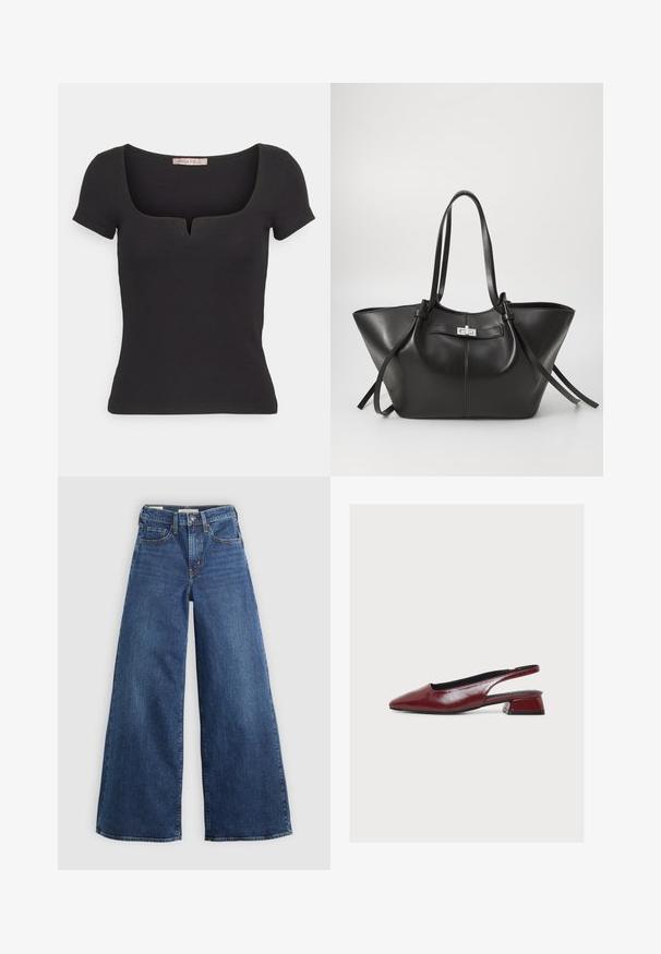 Sort kortærmet top lavet af ribbet materiale, med en firkantet halsudskæring og en lille udskæring. Enkel, tætsiddende design.; Bredde jeans i blå denim med fem lommer, knaplukning og kontraststing, der har en blød og tekstureret overflade.; Bordeauxrød læder slingback-sko med spids tå og lav blokhæl, vist fra siden på hvid baggrund.; Sort læder tote taske med en bred, trekantet form. Har en slank metallisk lås, lange håndtag og glat tekstur.