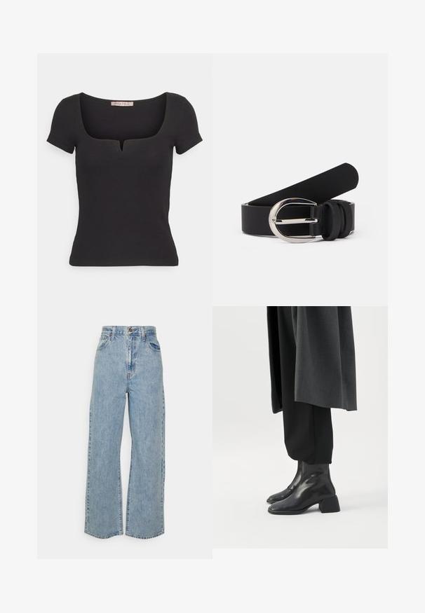 Zwarte top met korte mouwen van ribstof, met een vierkante halslijn en een klein inkepingdetail. Eenvoudig, nauwsluitend ontwerp.; Lichtblauwe wijde denim jeans met hoge taille, sluiting met voorknop en rits, en vijfzakkenontwerp op een effen achtergrond.; Zwarte leren enkellaarzen met lage blokhakken gedragen met een zwarte broek en een donkergrijze lange jas.; Zwarte leren riem met een gladde textuur, voorzien van een zilverkleurige metalen gesp en eenvoudige lusaccenten. Het ontwerp is strak en minimalistisch.