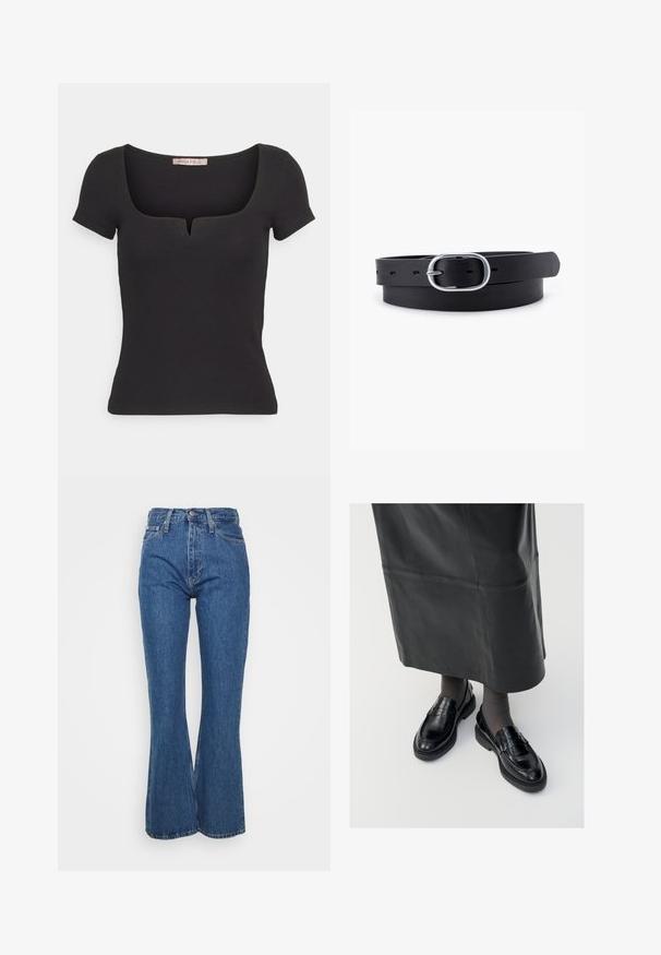 Zwarte top met korte mouwen van ribstof, met een vierkante halslijn en een klein inkepingdetail. Eenvoudig, nauwsluitend ontwerp.; Hoge taille blauwe denim jeans met een uitlopende vorm, klassiek vijf-pocket ontwerp en subtiele vervaging, met een stevige tailleband en metalen knoop.; Zwarte leren loafers met een gladde afwerking, voorzien van een decoratieve band, ronde neus en gestructureerde zool. Draagt met een lange zwarte leren rok.; Zwarte leren riem met een gladde textuur, ovaal zilveren metalen gespsluiting en meerdere verstelgaten langs de band. Platte, minimalistische uitstraling.