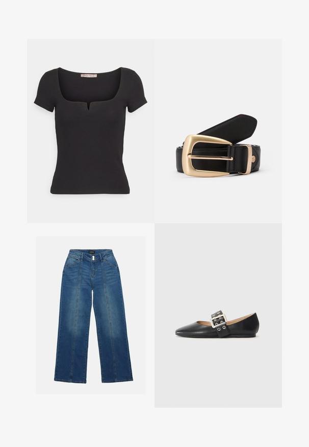 Zwarte top met korte mouwen van ribstof, met een vierkante halslijn en een klein inkepingdetail. Eenvoudig, nauwsluitend ontwerp.; Tafellange blauwe denim jeans met een hoge taille, voorzien van twee knopen, zijzakken en contrasterende gestikte naden aan de voorkant.; Zwarte platte leren schoen met spits toelopende neus en een decoratieve gespsluiting met zilverkleurige metalen details en kleine uitsparingen.; Zwarte leren riem met een gouden rechthoekige gesp. De riem heeft een gladde textuur en een subtiele stikselafwerking langs de randen.
