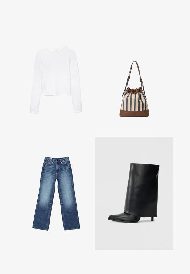 Hvid langærmet cropped skjorte lavet af blødt stof, med rund halsudskæring og et enkelt, sømløst design uden pynt.; Blå denimjeans med høj talje, forreste knap og lynlås, lommer foran og bagpå samt en let falmet vask.; Sort læderankelstøvle med et struktureret, ombukket design, spids tå og en tynd hæl. Glat tekstur med minimalt detaljer.; Posetaske med snøre, blå og beige lodrette striber, brun læderbund og justerbar skulderrem.