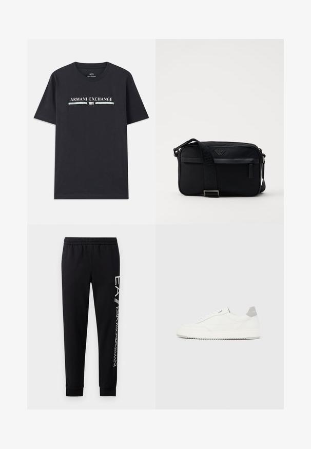Čierne bavlnené tričko s krátkym rukávom, ktoré zdobí logo "Armani Exchange" a číslo "1991" v bielej a svetlomodrej farbe na hrudi. Má okrúhly výstrih.; Čierne tepláky vyrobené z bavlnenej zmesi, s elastickým pásom, zúženými nohavicami, ribovanými manžetami a bielym logom na boku.; Biela nízka teniska so sivým pätovým pásikom, bielymi šnúrkami a členitou podrážkou, zobrazená na jednoduchom svetlom pozadí.; Čierna nylonová taška cez rameno so kontrastným popruhom, štýlovým obdĺžnikovým tvarom, detailom loga a zipsovou kapsou na prednej strane.