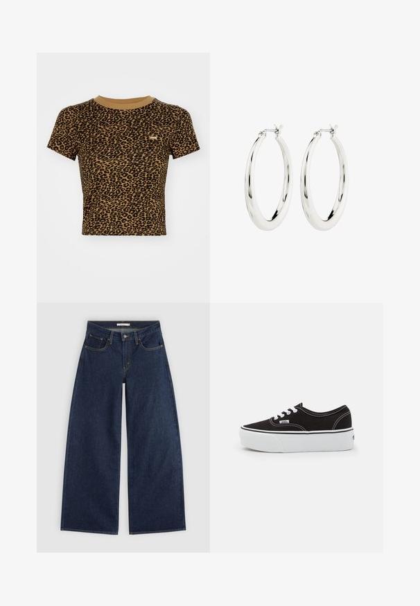 Levi's® ESSENTIAL SPORTY TEE - T-Shirt print - braun; Dunkelblaue Jeans mit weitem Bein, vorderen Taschen, Gürtelschlaufen und Knopfverschluss, flach auf hellem Hintergrund dargestellt.; Schwarze Leinensneaker mit einer weißen Gummiplattformsohle, weißen Schnürsenkeln und Nähten, ikonischer Markenaufdruck an der Seite, im Low-Top-Design.; Silberne Creolen mit einer glatten, glänzenden Oberfläche. Kreisform, ausgestattet mit einem sicheren Verschluss. Einfaches und elegantes Design.