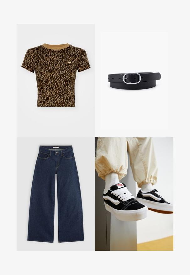 Levi's® ESSENTIAL SPORTY TEE - T-Shirt print - braun; Dunkelblaue Jeans mit weitem Bein, vorderen Taschen, Gürtelschlaufen und Knopfverschluss, flach auf hellem Hintergrund dargestellt.; Person, die schwarz-weiße Vans-Sneaker mit weißen Schnürsenkeln, weißen Socken und beigen Hosen mit elastischen Bündchen trägt.; Schwarzer Leder Gürtel mit glatter Textur, ovaler silberner Metallschnalle und mehreren Einstelllöchern entlang des Riemens. Flaches, minimalistisches Design.