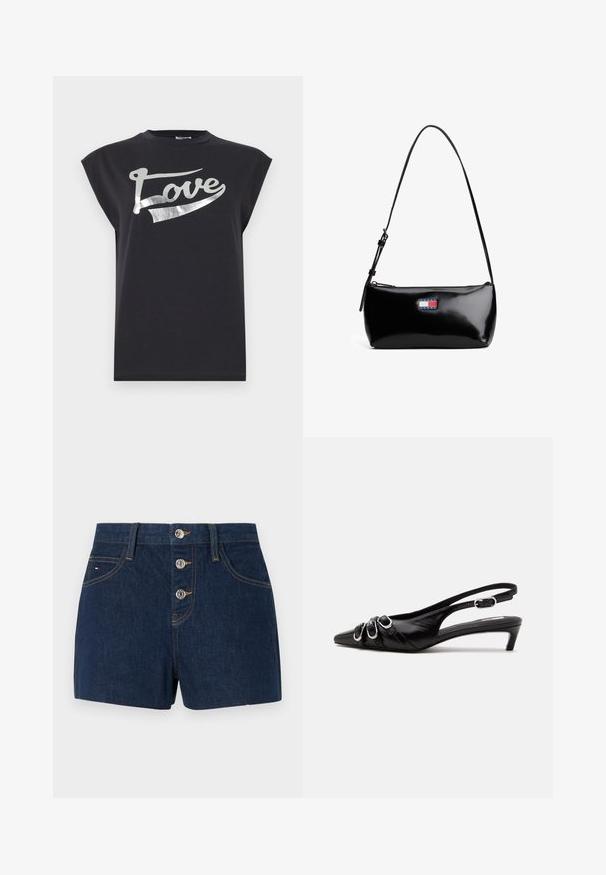 Zwarte mouwloze T-shirt van katoen met een metallic zilveren "Love" grafiek op de voorkant en een losse pasvorm.; Donkerblauwe denim short met een hoge taille, voorzien van drie metalen knopen, voorzakken en contrasterende gele stiksels.; Zwarte leren slingback schoen met puntige neus, drie zilveren gespen aan de voorkant en lage kittenhak op witte achtergrond.; Zwarte gepatineerde leren schoudertas met een gebogen schouderband, ritssluiting en een rechthoekig logo-opdruk in rood, wit en blauw.
