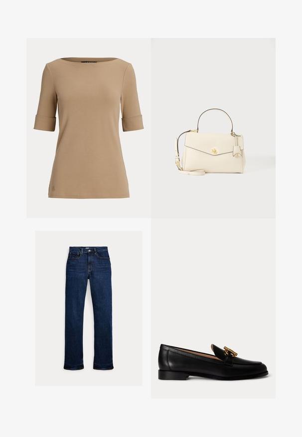 Beige kortærmet top med opsmøgede ærmekanter og en bred, rund halsudskæring vist på en ensfarvet lys baggrund.; Mørkeblå straight-leg jeans med frontknap og lynlås, fem-lomme design og synlige syninger.; Sort læderloafer med lav hæl og guldfarvet metalspænde på toppen, vist fra siden på hvid baggrund.; Cremefarvet håndtaske med hardware i guldfarve, tophåndtag, frontklap, skulderrem og RL-monogram-logo på forsiden.