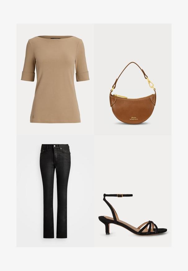 Beige kortærmet top med opsmøgede ærmekanter og en bred, rund halsudskæring vist på en ensfarvet lys baggrund.; Sorte denim jeans med lige ben-design, der har en klassisk fem-lomme stil og en frontknaplukning. Glat tekstur.; Sort ruskind sandal med åben tå, lav kitten hæl, tynd ankelrem med guldlås og krydsede tåremme.; Brun lædertaske med en buet form og guldbeslag. Har en toplynlås og et prægede logo på forsiden. Kort håndtag inkluderet.