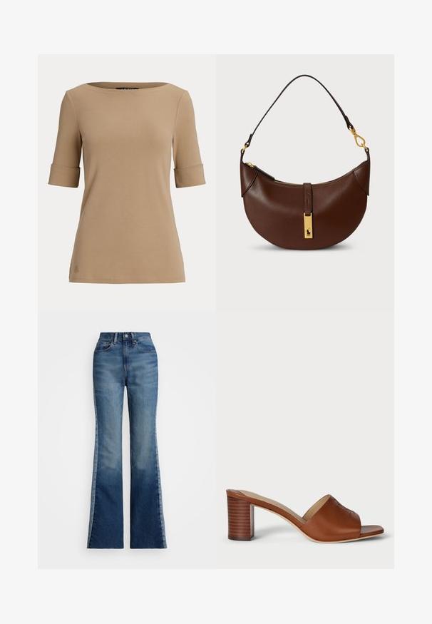 Beige top met korte mouwen, omgeslagen manchetten en een brede, ronde hals, afgebeeld tegen een effen lichte achtergrond.; Polo Ralph Lauren FLARE JEAN - Flared Jeans - boyne wash; Bruine leren muiltjes met hak, een brede open teen, een gebogen bovenkant, en een gestapelde cilindrische hak met horizontale lijnen.; Bruine leren handtas met een gebogen vorm, gouden metalen accenten, ritssluiting en een klein logo op de voorkant.