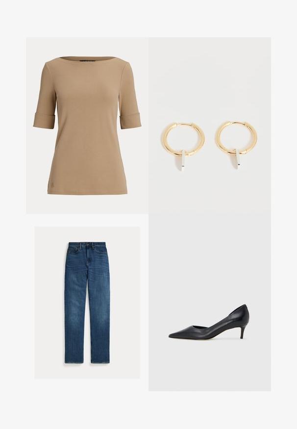 Beige kortærmet top med opsmøgede ærmekanter og en bred, rund halsudskæring vist på en ensfarvet lys baggrund.; Straight-leg blå denim jeans med fem lommer, knaplukning og subtil falmning på lår og knæ, lagt fladt på hvid baggrund.; Sort læderpumpe med spids tå og lav hæl. Har en glat tekstur og subtil glans. Åben udskæring foran for ekstra detalje.; Guld øreringe med små lodrette sølv rektangulære vedhæng, vist på en hvid baggrund.