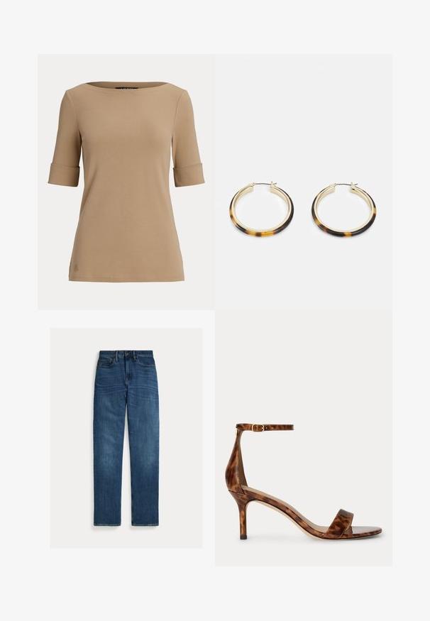 Beige kortærmet top med opsmøgede ærmekanter og en bred, rund halsudskæring vist på en ensfarvet lys baggrund.; Straight-leg blå denim jeans med fem lommer, knaplukning og subtil falmning på lår og knæ, lagt fladt på hvid baggrund.; Brun skildpaddeskals-højhælet sandal med tynd ankelrem og spænde, åben tå og mellemhøj hæl.; Guldtonede hoop øreringe med en skildpadde-mønstret harpikskant, der har en glat finish og en elegant, rund form.