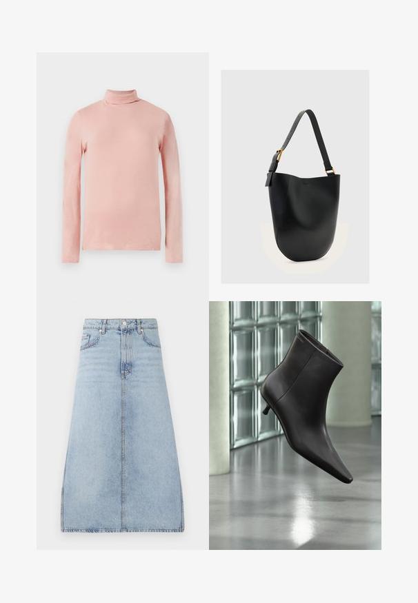 Lichtroze langesleeve turtleneck top met een slim fit, een zachte textuur en een hoge hals. Geen patronen of versieringen zichtbaar.; Lichtblauwe denim midi-skirt met een knoop- en ritssluiting aan de voorkant, zijzakken en riemlussen, weergegeven op een witte achtergrond.; Zwarte leren enkellaars met puntige neus en lage hak, afgebeeld tegen een glazen blokkenmuur en gepolijste vloer op de achtergrond.; Zwarte leren bucket bag met verstelbare schouderriem en goudkleurige gesp op een effen lichtgrijze achtergrond.
