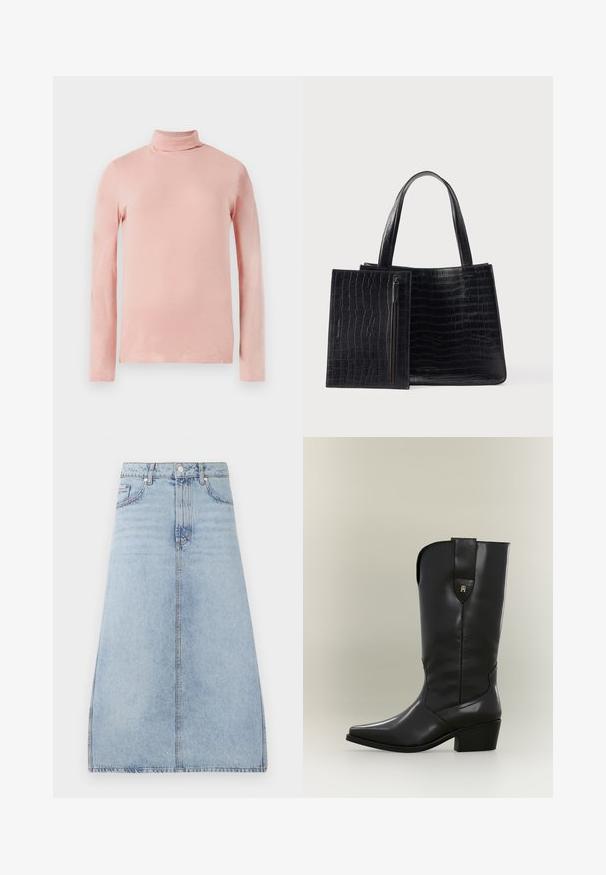 Lys pink langærmet turtleneck top med et tætsiddende design, glat tekstur og høj hals. Ingen synlige mønstre eller dekorationer.; Lyseblå denim midi-nederdel med for-trykknap og lynlås, sidelommer og bæltestropper, præsenteret på en hvid baggrund.; Høj sort læder cowboystøvle med spids tå, kraftig hæl og trækstrop med lille gyldent logo.; Sort tote taske med krokodillemønster, med glat tekstur og to robuste håndtag. Inkluderer et aftageligt lynlåsetui.