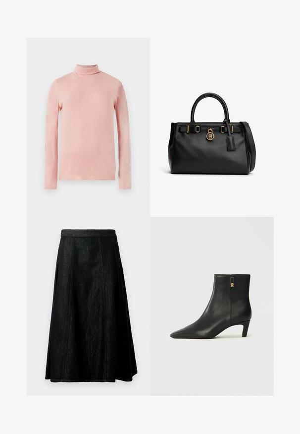 Lys pink langærmet turtleneck top med et tætsiddende design, glat tekstur og høj hals. Ingen synlige mønstre eller dekorationer.; Sort denim A-formet nederdel med en tætsiddende talje, flydende silhuet, synlige sømme og knælang kant. Ingen lommer eller pynt.; Sorte læderankelstøvler med spids snude og lille, tilspidset hæl. Har lynlås i siden med gulddetalje. Glat tekstur.; Sort tekstureret lædertaske med dobbelt håndtag, skulderrem og en lille rund gylden logocharme foran.