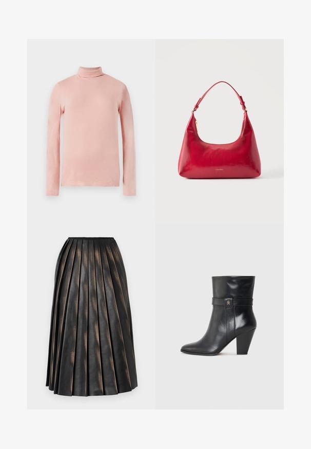 Lichtroze langesleeve turtleneck top met een slim fit, een zachte textuur en een hoge hals. Geen patronen of versieringen zichtbaar.; Zwarte midi-rok met plooien, een licht glanzende, gestructureerde afwerking en een klein logo vlak bij de tailleband.; Tommy Hilfiger Enkellaarsjes met hoge hak - black; Rode leren schoudertas met gouden rits en verstelbare band, Calvin Klein-logo gecentreerd aan de voorkant.