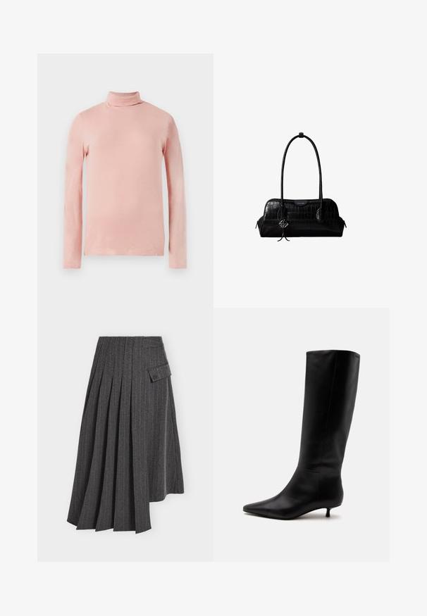 Lys pink langærmet turtleneck top med et tætsiddende design, glat tekstur og høj hals. Ingen synlige mønstre eller dekorationer.; Mørkegrå plisseret nederdel med lodrette smalle striber og asymmetrisk kant med en lille lomme med klap på den ene side.; Sort læder knæhøj støvle med spids snude og lav kittenhæl mod en ensfarvet lys baggrund.; Sort skuldertaske i krokodillelæder med lange stropper og lille sølvlogo-charm på den ene strop.