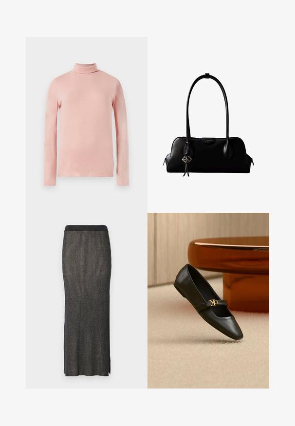 Lichtroze langesleeve turtleneck top met een slim fit, een zachte textuur en een hoge hals. Geen patronen of versieringen zichtbaar.; Brede gebreide midi-rok in donkergrijs met verticale ribbelstructuur, een aansluitende pasvorm en splitten aan de zoom voor bewegingsgemak. Zachte, gestructureerde stof.; Zwarte leren platte schoen met puntige neus en gouden CK-logo op het bandje, geplaatst op een beige tapijt bij een ronde amberbruine tafel.; Zwarte leren Calvin Klein handtas met lange hengsels, een logo-label aan de voorkant en een zilverkleurige geometrische hanger die aan één hengsel hangt.