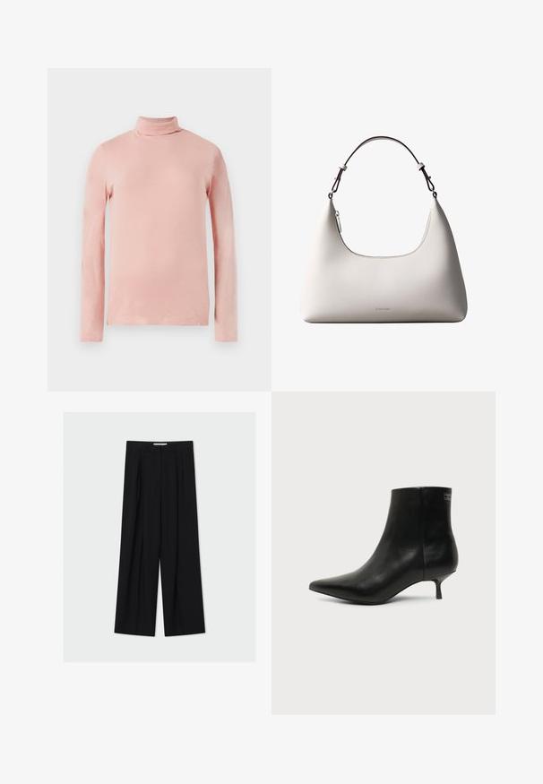 Lichtroze langesleeve turtleneck top met een slim fit, een zachte textuur en een hoge hals. Geen patronen of versieringen zichtbaar.; Zwarte, wijde broek met hoge taille, riemlussen en plooien aan de voorkant, weergegeven tegen een lichtgrijze achtergrond.; Zwart leren enkellaars met puntige neus en lage kittenhak op lichte achtergrond, zijaanzicht buitenkant.; Romige Calvin Klein leren schoudertas met gebogen bovenrand, zilveren rits en donkerbruine verstelbare riem.