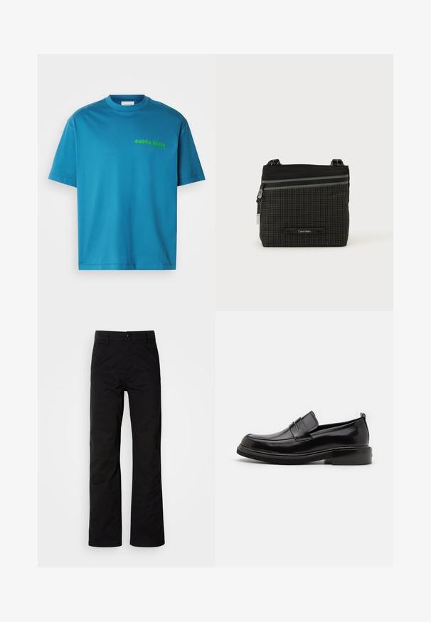 Camiseta de algodón turquesa, con cuello redondo, mangas cortas, que presenta un logo verde de "calvin klein" impreso en la parte frontal. Textura suave.; Pantalones de algodón negros con un diseño de pierna recta, que cuentan con un cierre de botón y lazos para cinturón. Textura suave y estilo minimalista sin patrones visibles.; Calvin Klein MOCCASIN - Mocasines elegantes - black; Bolso bandolera de Calvin Klein en negro y gris con patrón de cuadrícula, bolsillo frontal con cremallera y correa ajustable sobre fondo blanco.