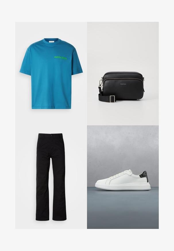 Camiseta de algodón turquesa, con cuello redondo, mangas cortas, que presenta un logo verde de "calvin klein" impreso en la parte frontal. Textura suave.; Pantalones de algodón negros con un diseño de pierna recta, que cuentan con un cierre de botón y lazos para cinturón. Textura suave y estilo minimalista sin patrones visibles.; Zapatilla blanca con parte superior de cuero suave y un acento en el talón negro contrastante. Presenta cordones planos y una suela de goma texturizada.; Bolso bandolera de cuero negro con dos compartimentos con cremallera, acabado texturizado, correa ajustable y acentos de hardware en plata. Logo de Calvin Klein exhibido.