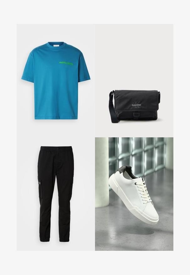Tyrkysové bavlnené tričko, s okrúhlym výstrihom, krátkymi rukávmi, s malým zeleným logom "calvin klein" potlačeným na prednej strane. Hladká textúra.; Čierne cargo nohavice s elastickým pásom, zapínaním na gombík, dvoma bočnými vreckami a dvoma cargo vreckami. Hladká tkanina s voľným strihom.; Biela nízka teniska s čiernou textúrovanou pätkou, bielymi šnúrkami a hrubou podrážkou na leštenej betónovej podlahe pri sklenených blokoch.; Čierna messenger taška z odolnej tkaniny, s preklápacím uzáverom, prednou prackou a strieborným logom Calvin Klein. Súčasťou je nastaviteľný popruh.