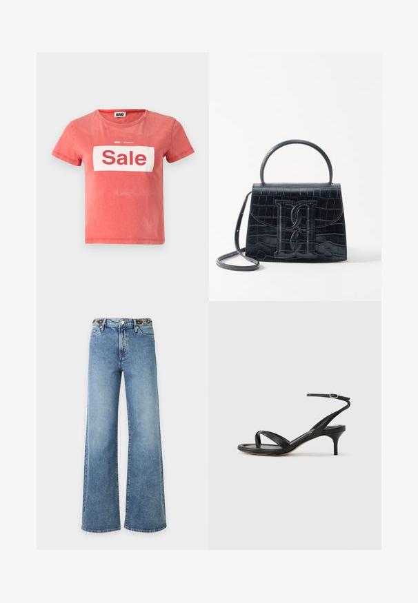 T-shirt rouge à manches courtes en coton, avec une boîte blanche portant l'inscription "Vente" en lettres rouges en gras, et un col rond.; Jean denim bleu taille haute à jambes larges avec fermeture par bouton et zip, poches avant et passants de ceinture marron.; Sandale pour femme en cuir noir avec fines lanières, une boucle d'orteil, une boucle à la cheville et un talon aiguille de hauteur moyenne sur un fond neutre.; Sac à main en cuir noir embossé en crocodile avec un design structuré, une poignée supérieure, une bandoulière ajustable et un détail de logo en avant bien visible.