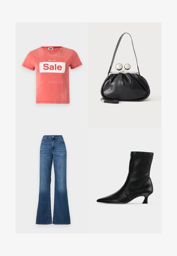 T-shirt rouge à manches courtes en coton, avec une boîte blanche portant l'inscription "Vente" en lettres rouges en gras, et un col rond.; Jean à jambe large en denim délavé moyen. Il présente une taille haute, une fermeture à bouton sur le devant et une décoloration minimale. Coupe droite de la cuisse à l'ourlet.; Botte mi-mollet en cuir noir avec bout pointu et petit talon kitten, vue de profil sur un fond clair uni.; Sac à main en cuir noir avec un design plissé, une sangle unique, un cadre métallique argenté et deux grandes fermoirs ronds en argent.