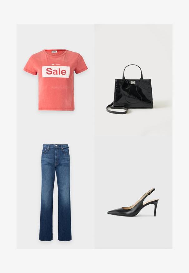 T-shirt rouge à manches courtes en coton, avec une boîte blanche portant l'inscription "Vente" en lettres rouges en gras, et un col rond.; Jean en denim bleu foncé, présentant une taille haute, une coupe droite, une fermeture par bouton et un léger délavage près des genoux.; Escarpins en cuir noir avec une pointe fine, une bride ajustable et un talon aiguille élégant, présentant une finition lisse.; Sac à main en cuir verni noir avec poignées arrondies, bandoulière détachable et fermeture à boucle argentée sur fond blanc uni.