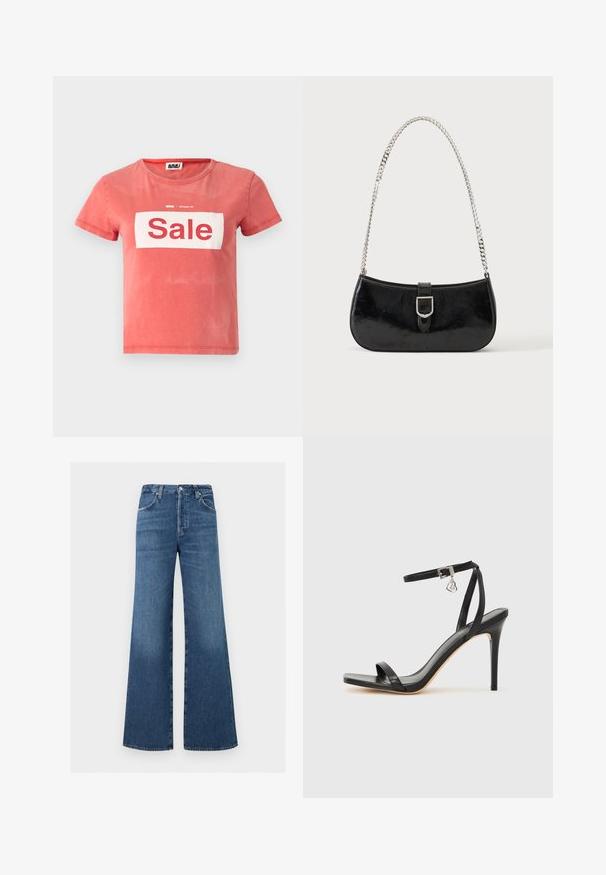 T-shirt rouge à manches courtes en coton, avec une boîte blanche portant l'inscription "Vente" en lettres rouges en gras, et un col rond.; Jean bleu taille haute à jambes larges, fermeture devant par bouton et zip, poches avant et arrière, passants pour ceinture.; Sandale à talon haut noire avec une bride étroite à la cheville, bout carré, cuir lisse et accent de boucle métallique.; Sac à épaule en cuir verni noir avec détail de boucle argentée et bandoulière en chaîne argentée, présenté sur un fond uni clair.