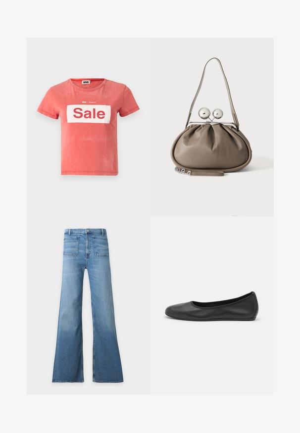 T-shirt rouge à manches courtes en coton, avec une boîte blanche portant l'inscription "Vente" en lettres rouges en gras, et un col rond.; Jean en denim bleu clair taille haute avec jambes larges évasées, poches plaquées à l’avant, fermeture par boutons et passants de ceinture.; Ballerines en cuir noir avec un bout rond, texture lisse, détails de couture minimalistes et design de semelle flexible.; Sac à main en cuir gris de forme arrondie, fermeture supérieure avec deux grandes sphères argentées, et une seule anse.