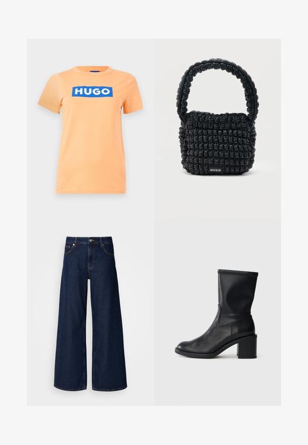 Ροδακινί κοντομάνικη μπλούζα με στρογγυλή λαιμόκοψη και έντονο μπλε ορθογώνιο λογότυπο με την επιγραφή "HUGO" στο κέντρο του στήθους.; Φαρδύ παντελόνι από σκούρο μπλε τζιν με υψηλή μέση, μπροστινές τσέπες και κλείσιμο με κουμπί. Διαθέτει αντίθετη ραφή και λείες υφές.; Μαύρη δερμάτινη μπότα μέχρι τον αστράγαλο με στρογγυλή μύτη, λεία υφή και χοντρό τακούνι, με εφαρμοστή μπότα και διακριτική ραφή.; Μικρό μαύρο καπιτονέ τσάντα με κοντή επενδεδυμένη χειρολαβή και ετικέτα "HUGO" στο μπροστινό μέρος, παρουσιασμένο σε απλό φωτεινό φόντο.