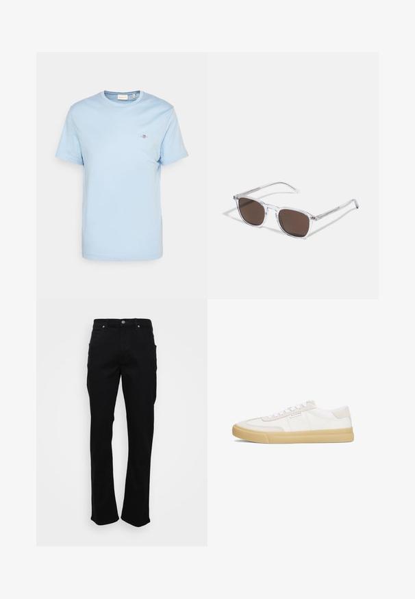T-shirt en coton bleu clair avec un col rond, des manches courtes et un petit logo brodé sur la poitrine. Texture lisse, coupe standard.; Jeans noirs à jambe droite avec poches avant, passants de ceinture et fermeture à bouton sur un fond blanc.; Baskets blanches en cuir et daim, avec un design à lacets, une semelle en caoutchouc beige et un petit logo sur le côté.; Lunettes de soleil en plastique transparent avec des verres marron rectangulaires, dotées de branches fines et transparentes ainsi que d'accents en métal sur les tempes.