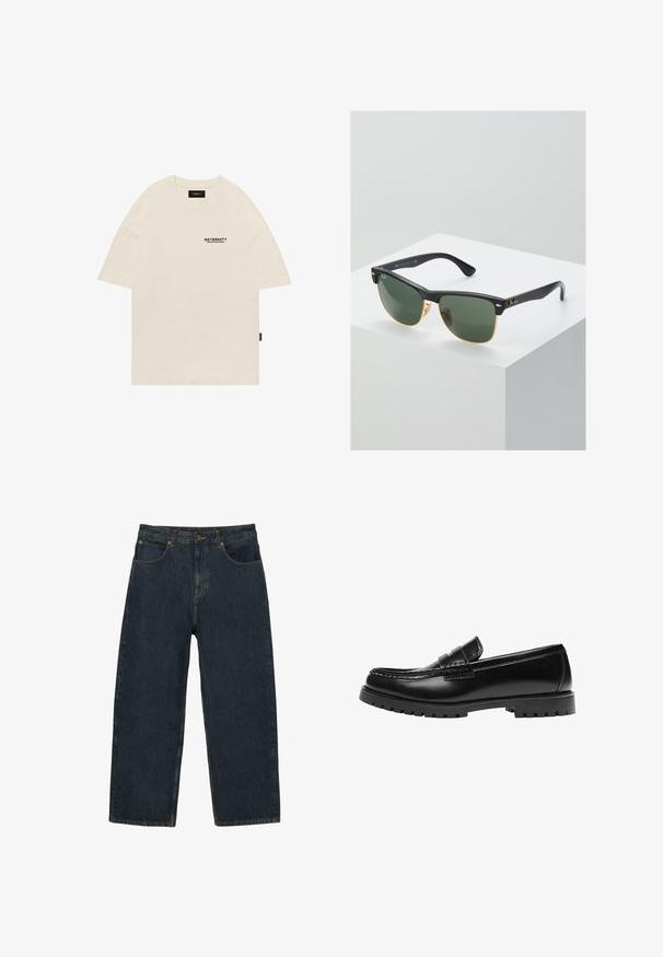 T-shirt en coton beige avec un col rond, au design surdimensionné, et un logo imprimé noir sur la poitrine gauche. Manches courtes à coupe droite.; Jean en denim bleu foncé taille haute, coupe droite, avec poches avant, fermeture à boutons, et coutures apparentes.; Mocassin en cuir noir avec une semelle en caoutchouc épaisse et un détail classique de bride à monnaie, vu de côté extérieur.; Lunettes de soleil Ray-Ban avec des verres verts, monture en plastique noir et accents dorés sur les bords. Forme carrée avec une finition mate.