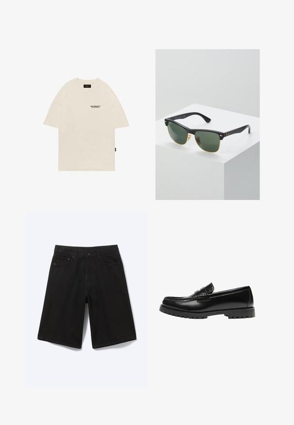 T-shirt en coton beige avec un col rond, au design surdimensionné, et un logo imprimé noir sur la poitrine gauche. Manches courtes à coupe droite.; Short en jean noir longueur genou avec bouton à l'avant, passants de ceinture et cinq poches, présenté sur fond blanc.; Mocassin en cuir noir avec une semelle en caoutchouc épaisse et un détail classique de bride à monnaie, vu de côté extérieur.; Lunettes de soleil Ray-Ban avec des verres verts, monture en plastique noir et accents dorés sur les bords. Forme carrée avec une finition mate.
