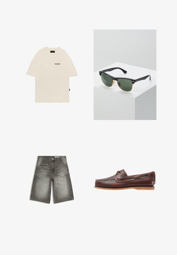 T-shirt en coton beige avec un col rond, au design surdimensionné, et un logo imprimé noir sur la poitrine gauche. Manches courtes à coupe droite.; Shorts en denim gris avec poches avant, fermeture par boutons, passants pour ceinture, et détails décolorés sur les cuisses et près de la fermeture éclair.; Chaussure bateau en cuir marron avec coutures blanches, détails de lacets et semelle en caoutchouc beige, vue de côté sur fond blanc.; Lunettes de soleil Ray-Ban avec des verres verts, monture en plastique noir et accents dorés sur les bords. Forme carrée avec une finition mate.