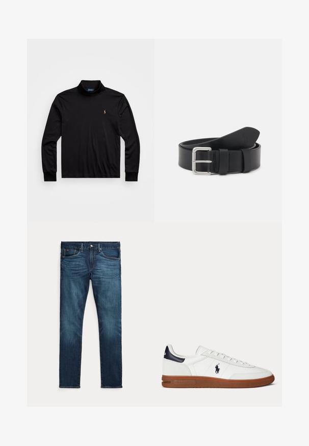 Musta pitkähihainen polo-paidat, jossa on korkea kaulus, valmistettu liukkaasta kankaasta ja jossa on pieni brodeerattu logo vasemmassa rinnassa.; Tummansiniset slim-fit-farkut, joissa edessä nappi ja vetoketju, viisi taskua ja hillitty haalistuma edessä reisissä ja polvissa.; Valkoinen matala tennari, jossa ruskea pohja, musta kantapäälaatta, kirjailtu polopelaajan logo ja valkoiset nauhat.; Mustahdudo nahka vyö hopeisella metallisoljella. Ominaisuuksina sileä pinta ja pituuden säätöä varten oleva tang. Klassinen muotoilu ilman koristeita.